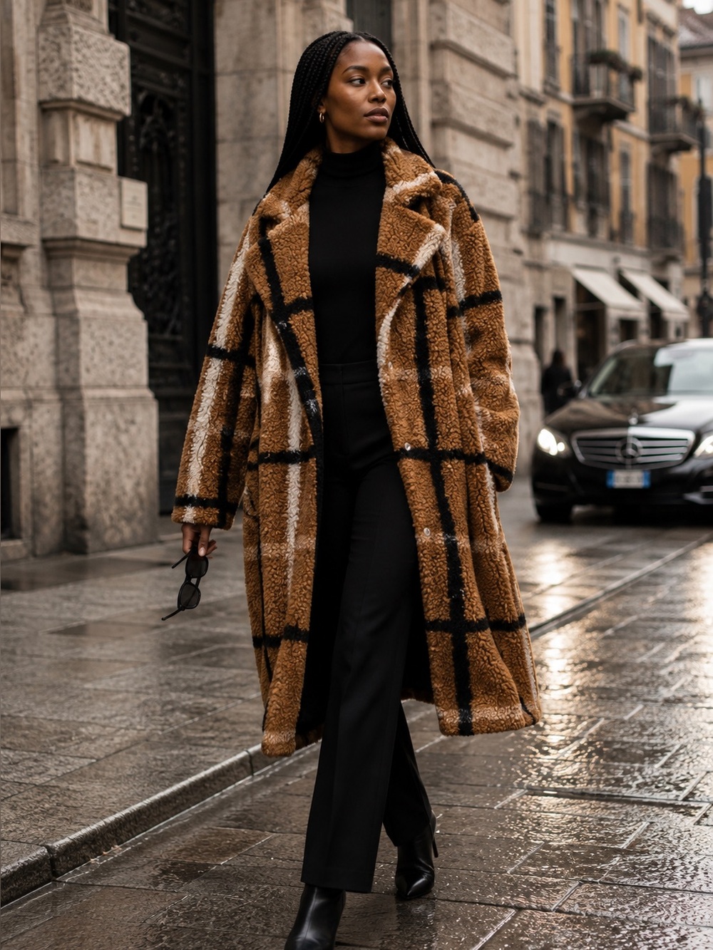 STOOSH Camel Plaid Boucle Relaxed Fit Snap Front Fall Downtown Statement Coat, S